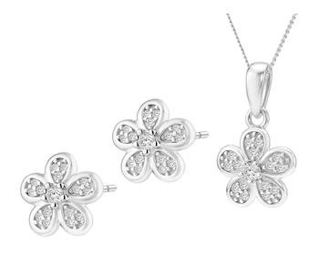 Srebrne kolczyki i zawieszka z cyrkoniami, łańcuszek - komplet - kwiaty