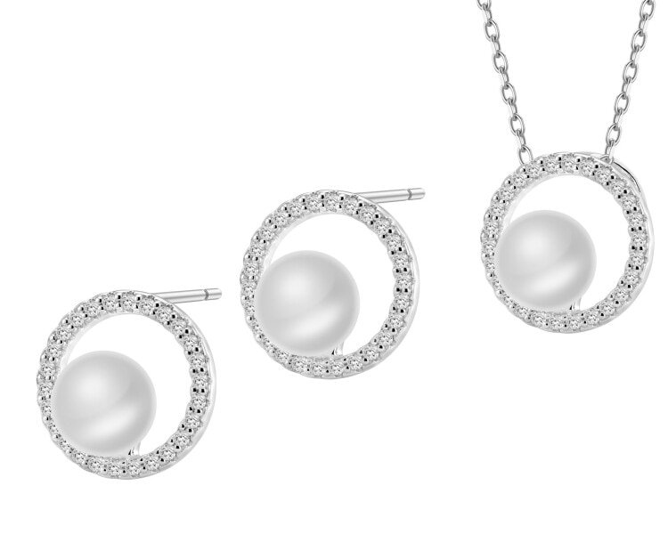 Srebrne kolczyki i zawieszka z perłami i cyrkoniami - komplet - koła
