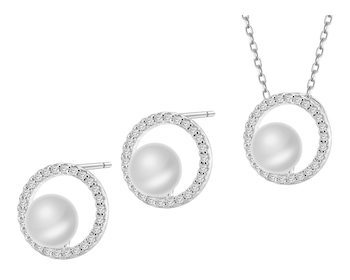 Srebrne kolczyki i zawieszka z perłami i cyrkoniami - komplet - koła