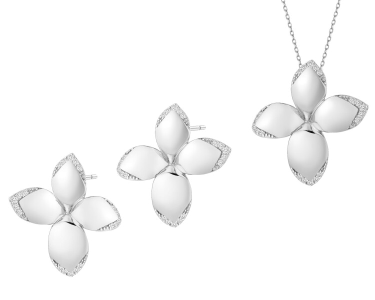 Srebrne kolczyki i zawieszka z cyrkoniami - komplet - liście