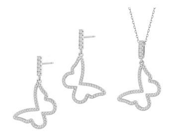 Srebrne kolczyki i zawieszka z cyrkoniami - komplet - motyle