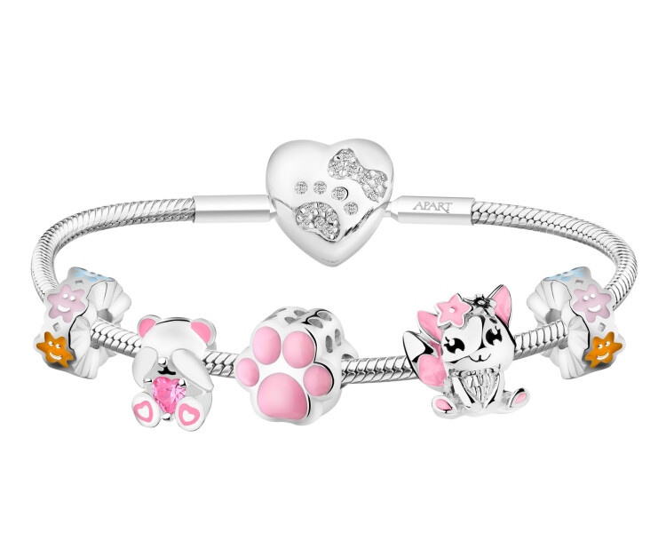 Bransoleta srebrna beads dla dziecka - zestaw - miś, łapka, kotek, serce