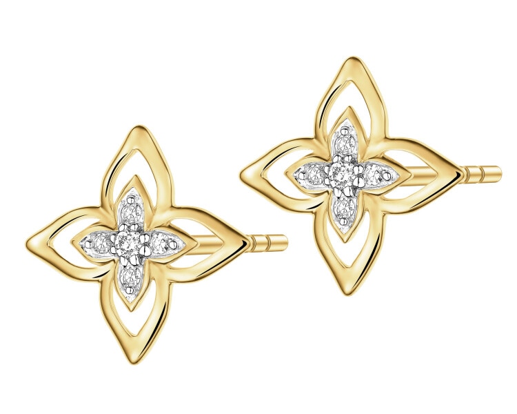 Kolczyki z żółtego złota z diamentami - kwiaty - 0,05 ct - próba 375