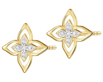 Kolczyki z żółtego złota z diamentami - kwiaty - 0,05 ct - próba 375
