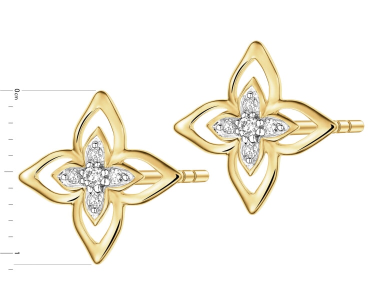 Kolczyki z żółtego złota z diamentami - kwiaty - 0,05 ct - próba 375