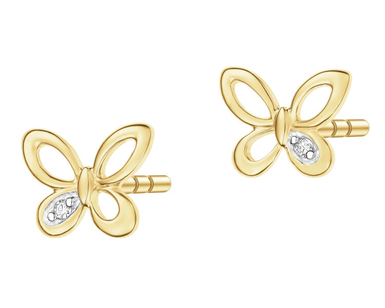 Kolczyki z żółtego złota z diamentami - motyle - 0,006 ct - próba 375