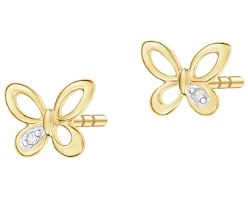 Kolczyki z żółtego złota z diamentami - motyle - 0,006 ct - próba 375