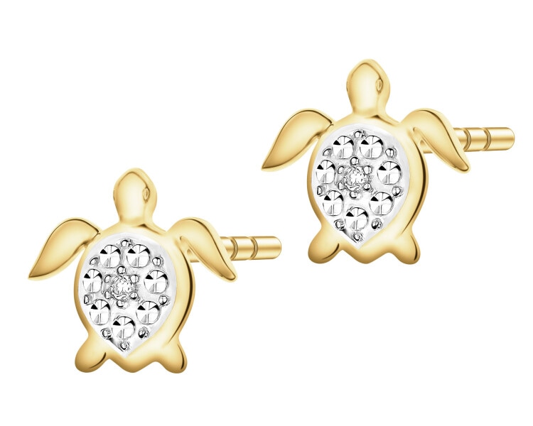 Kolczyki z żółtego złota z diamentami - żółwie - 0,01 ct - próba 375