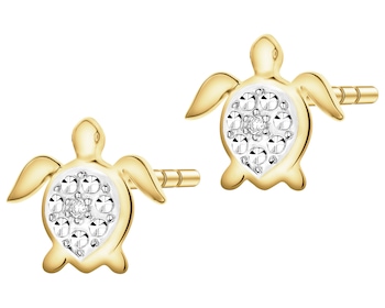 Kolczyki z żółtego złota z diamentami - żółwie - 0,01 ct - próba 375
