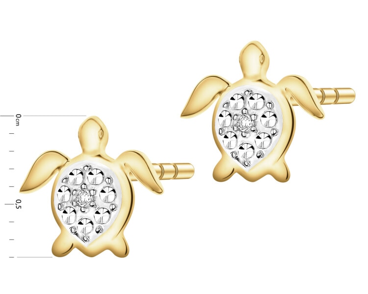 Kolczyki z żółtego złota z diamentami - żółwie - 0,01 ct - próba 375