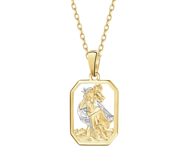 Zawieszka z żółtego złota z diamentami - medalik św. Krzysztof z dzieciątkiem Jezus - 0,006 ct - próba 585