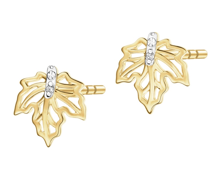 Kolczyki z żółtego złota z diamentami - liście - 0,006 ct - próba 375