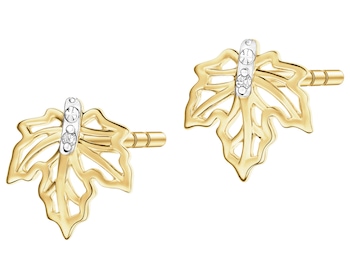 Kolczyki z żółtego złota z diamentami - liście - 0,006 ct - próba 375