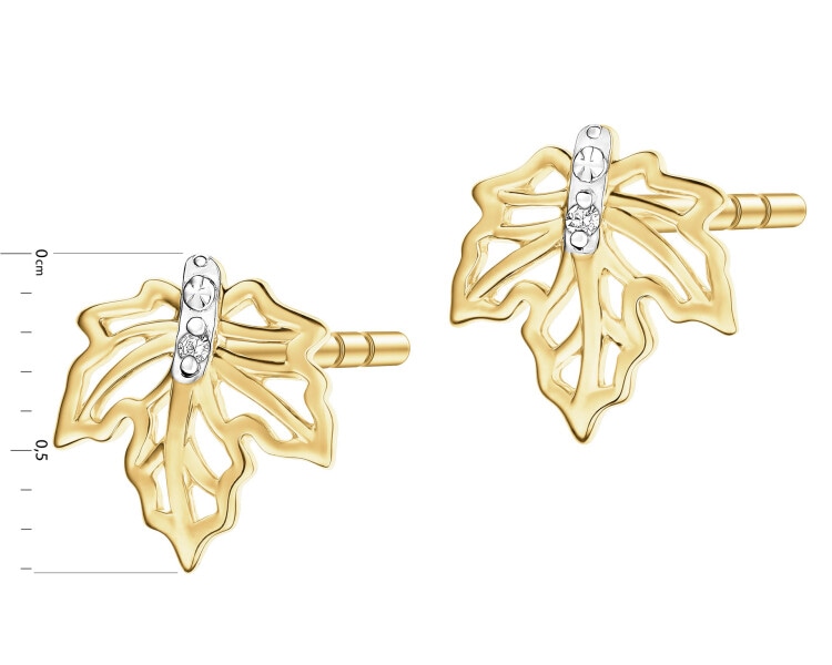 Kolczyki z żółtego złota z diamentami - liście - 0,006 ct - próba 375