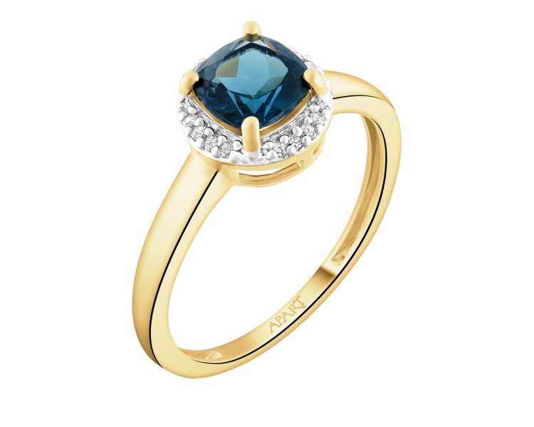 Pierścionek z żółtego złota z diamentami i topazem London Blue - próba 585
