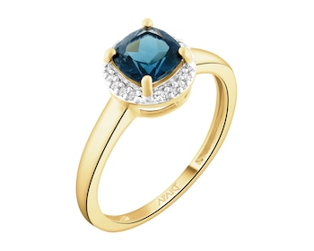 Pierścionek z żółtego złota z diamentami i topazem London Blue - próba 585
