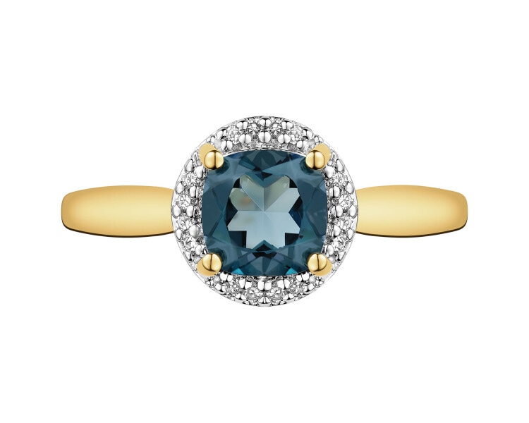Pierścionek z żółtego złota z diamentami i topazem London Blue - próba 585