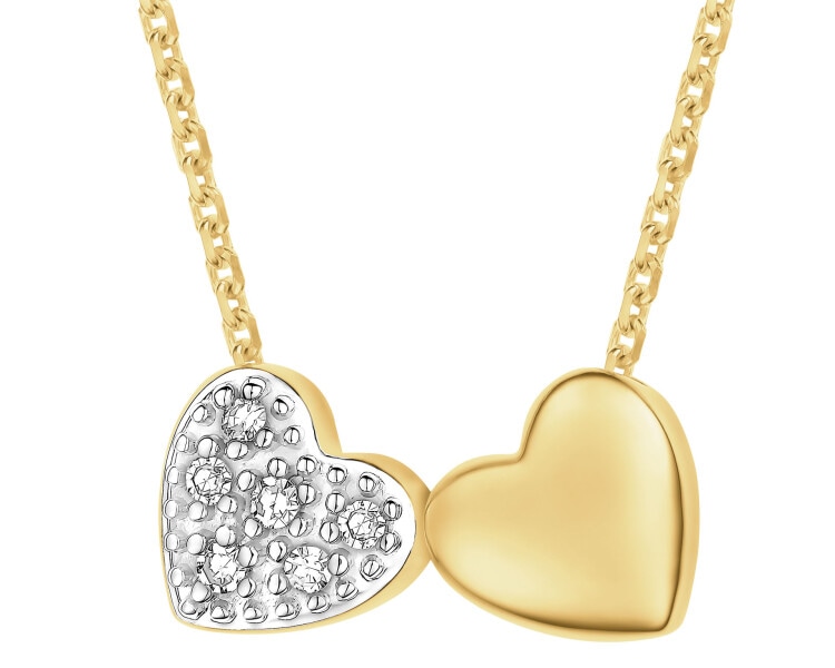 Naszyjnik z żółtego złota z diamentami - serca - 0,02 ct - próba 375