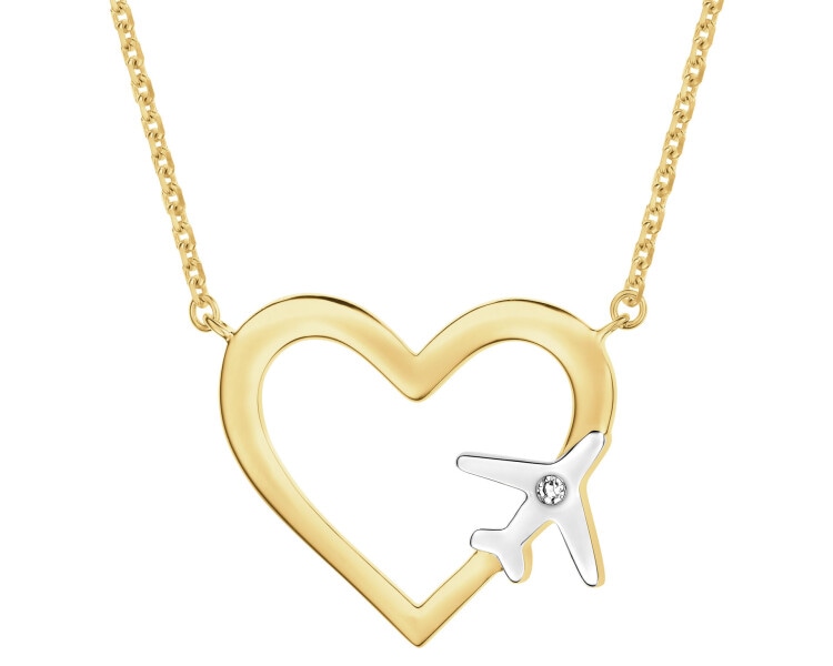 Naszyjnik z żółtego złota z diamentem - serce, samolot - 0,004 ct - próba 375