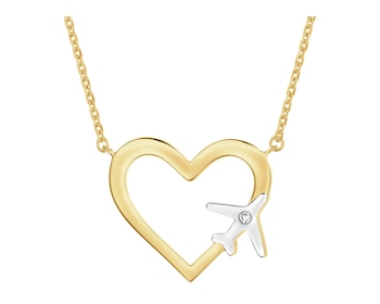 Naszyjnik z żółtego złota z diamentem - serce, samolot - 0,004 ct - próba 375