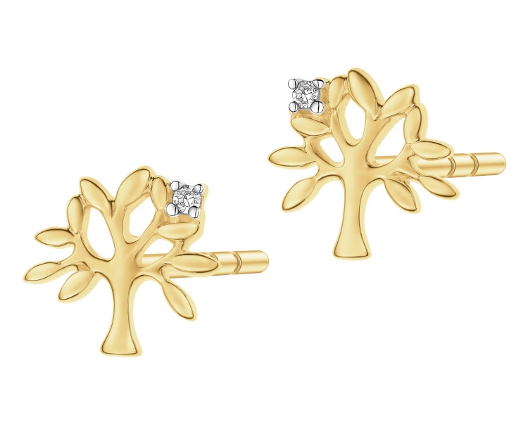 Kolczyki z żółtego złota z diamentami - drzewka - 0,008 ct - próba 375