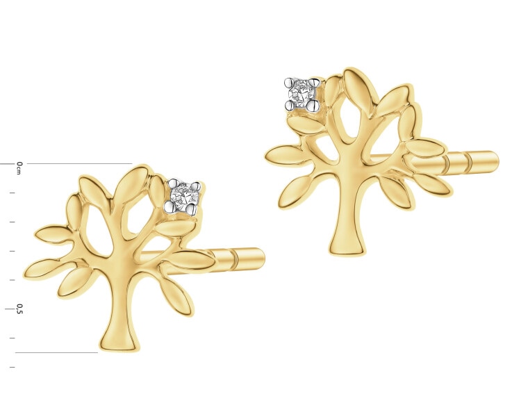 Kolczyki z żółtego złota z diamentami - drzewka - 0,008 ct - próba 375