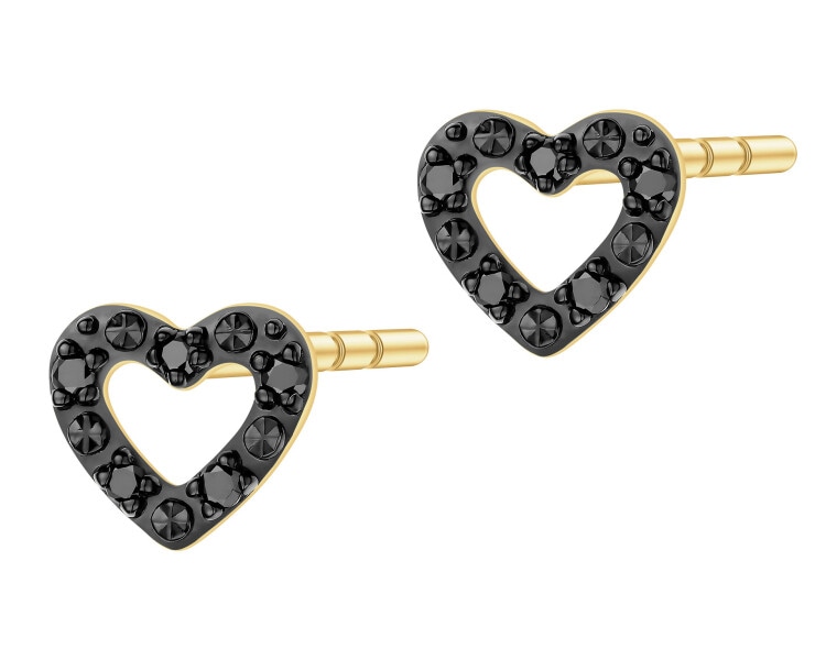 Kolczyki z żółtego złota z czarnymi brylantami - serca - 0,06 ct - próba 375
