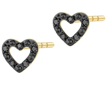 Kolczyki z żółtego złota z czarnymi brylantami - serca - 0,06 ct - próba 375