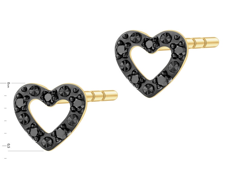 Kolczyki z żółtego złota z czarnymi brylantami - serca - 0,06 ct - próba 375