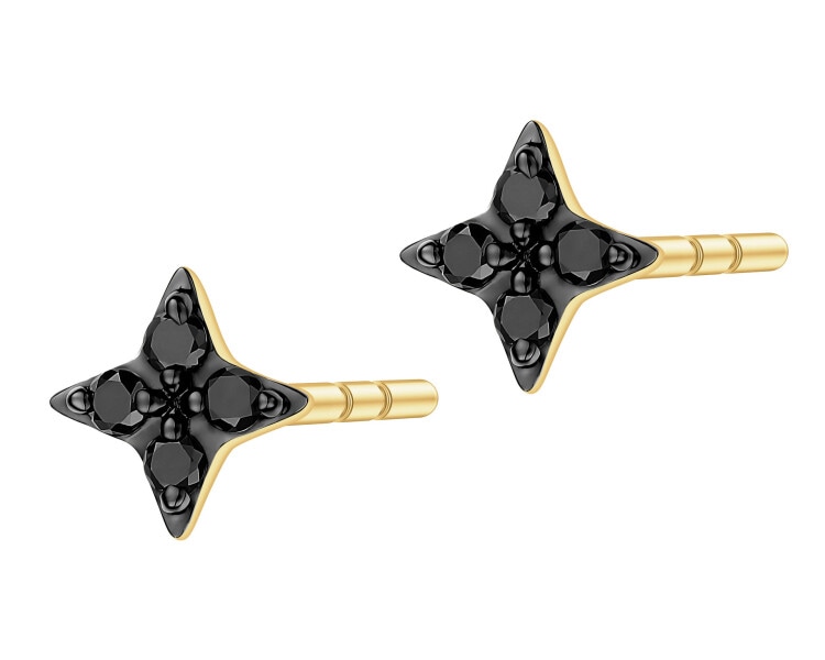 Kolczyki z żółtego złota z czarnymi brylantami - gwiazdy - 0,06 ct - próba 375