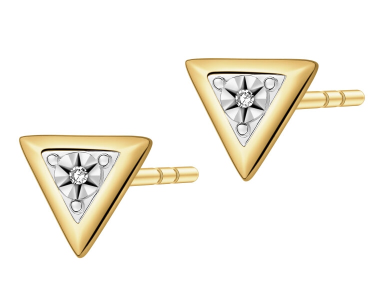Kolczyki z żółtego złota z diamentami - trójkąty - 0,006 ct - próba 375