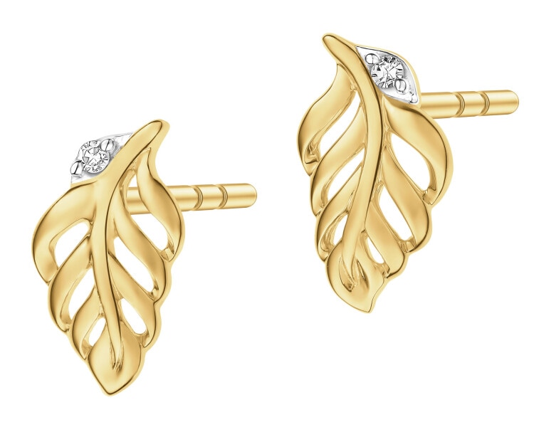 Kolczyki z żółtego złota z diamentami - piórka - 0,006 ct - próba 375