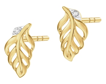 Kolczyki z żółtego złota z diamentami - piórka - 0,006 ct - próba 375