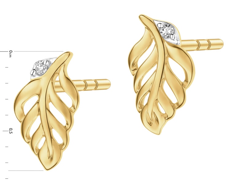 Kolczyki z żółtego złota z diamentami - piórka - 0,006 ct - próba 375