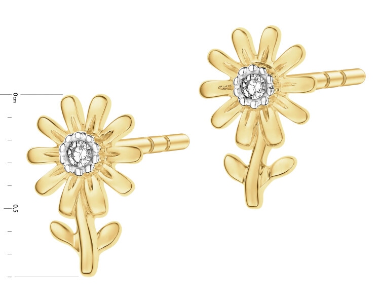 Kolczyki z żółtego złota z diamentami - kwiaty - 0,01 ct - próba 375
