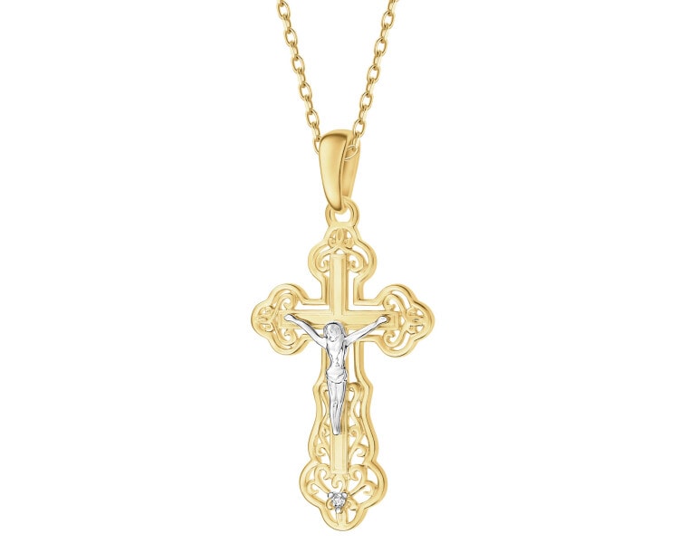 Zawieszka z żółtego złota z diamentem - krzyż - 0,004 ct - próba 585