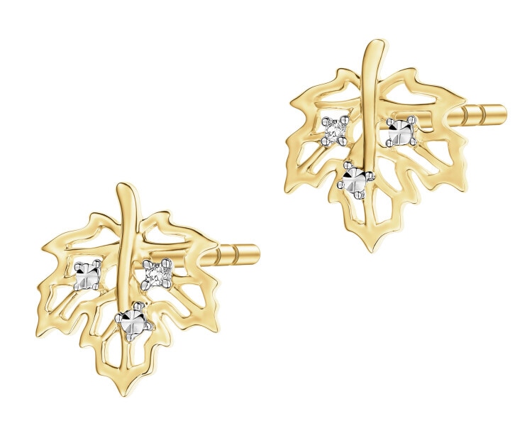 Kolczyki z żółtego złota z diamentami - liście - 0,008 ct - próba 585