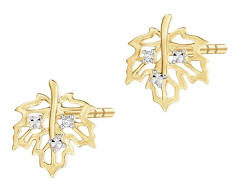 Kolczyki z żółtego złota z diamentami - liście - 0,008 ct - próba 585
