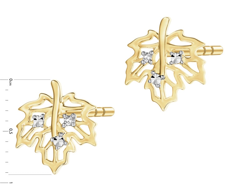 Kolczyki z żółtego złota z diamentami - liście - 0,008 ct - próba 585