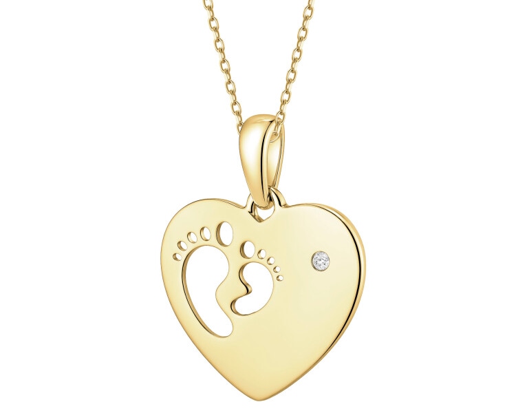 Zawieszka z żółtego złota z diamentem - serce, stópki - 0,003 ct - próba 585