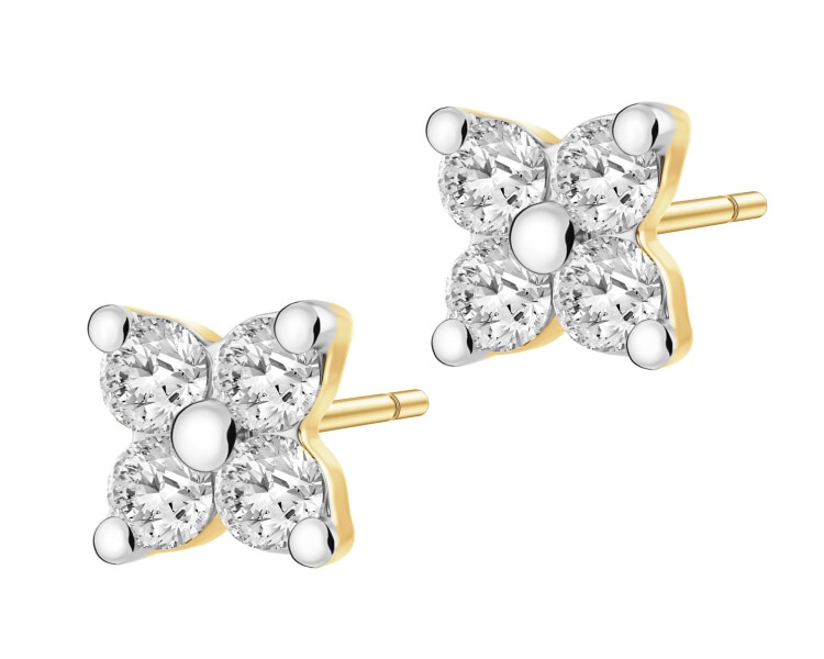 Kolczyki z żółtego złota z brylantami - kwiaty - 0,06 ct - próba 585