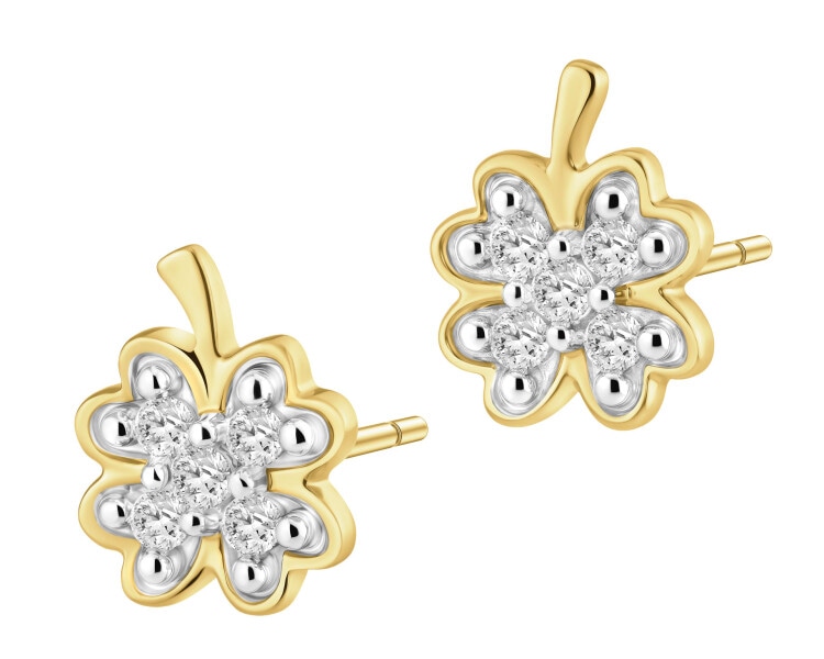 Kolczyki z żółtego złota z diamentami - koniczyny - 0,04 ct - próba 375