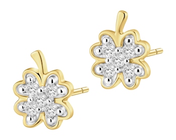 Kolczyki z żółtego złota z diamentami - koniczyny - 0,04 ct - próba 375