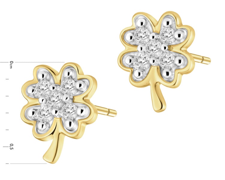 Kolczyki z żółtego złota z diamentami - koniczyny - 0,04 ct - próba 375