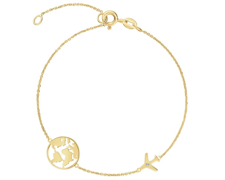 Bransoletka z żółtego złota z diamentem - kula ziemska, samolot - 0,004 ct - próba 375