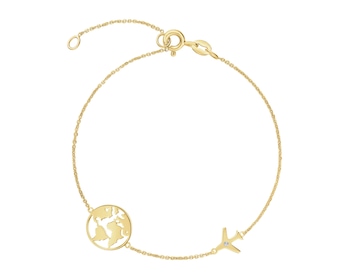 Bransoletka z żółtego złota z diamentem - kula ziemska, samolot - 0,004 ct - próba 375