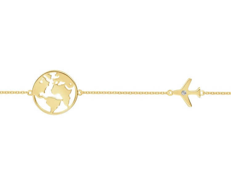 Bransoletka z żółtego złota z diamentem - kula ziemska, samolot - 0,004 ct - próba 375