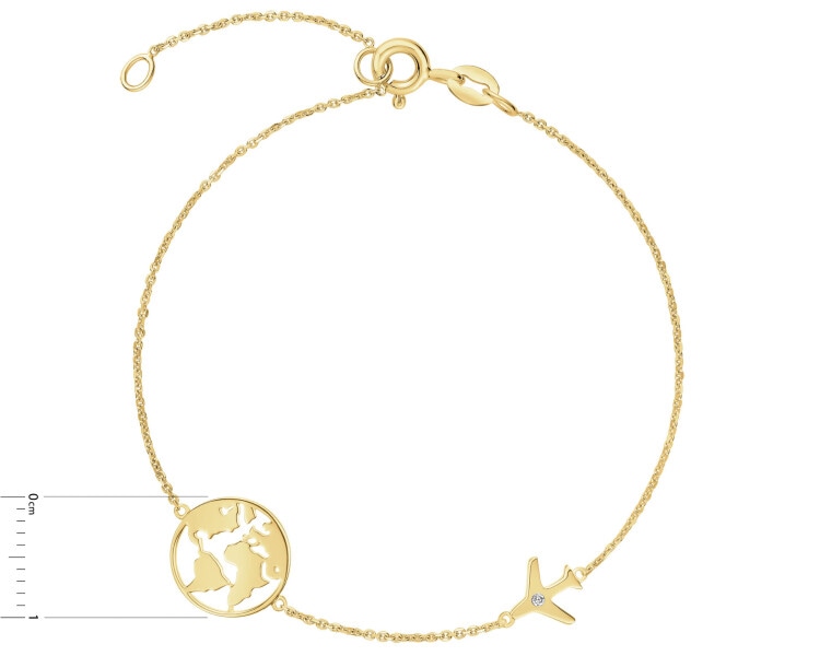 Bransoletka z żółtego złota z diamentem - kula ziemska, samolot - 0,004 ct - próba 375