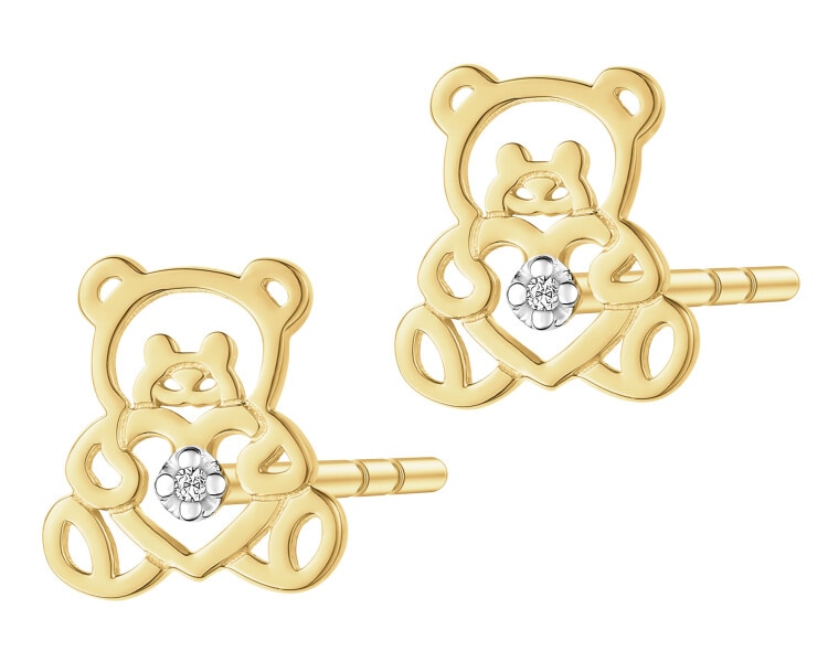 Kolczyki z żółtego złota z diamentami - misie - 0,004 ct - próba 375
