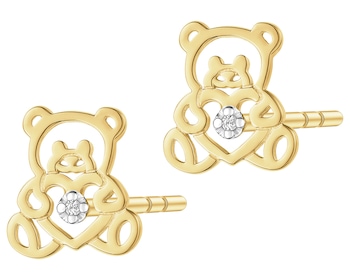 Kolczyki z żółtego złota z diamentami - misie - 0,004 ct - próba 375